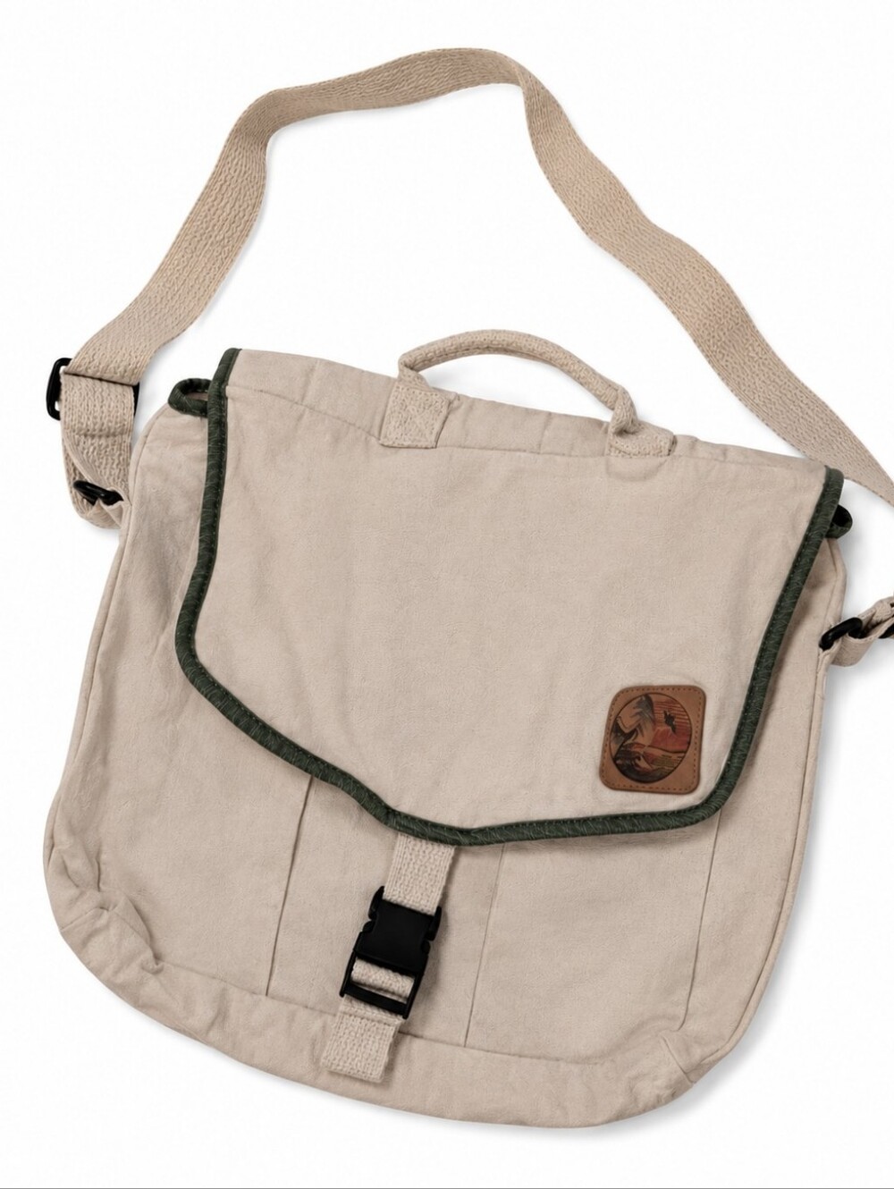 VINTAGE Canvas Messenger Bag Crossbody Undyed Cream Green Natural Purse Rucksack